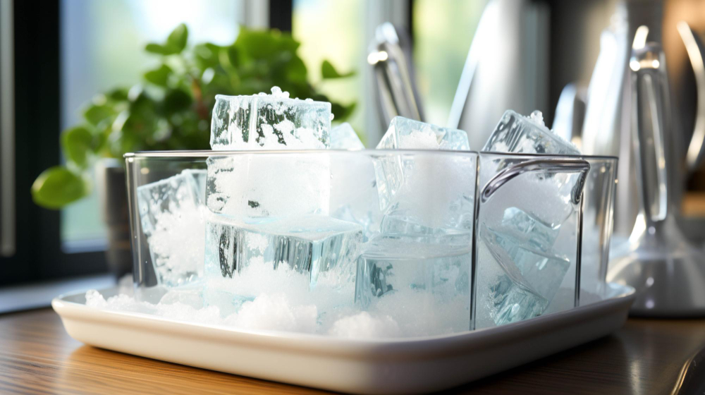 image of a lot of ice cubes on a tray on a wodden table infront of a plant and spice bottles